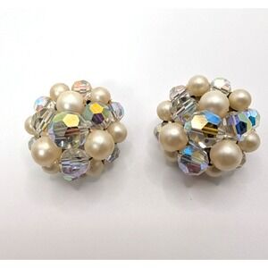 Vintage Faux Pearl Aurora Borealis Crystal Bead Cluster Clip On Earrings 1.2